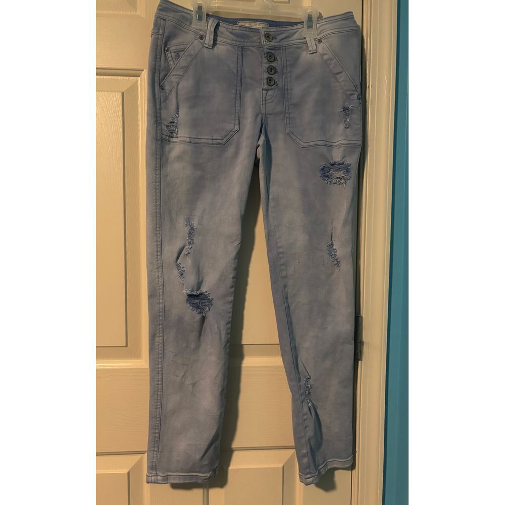 Free People Light Blue Distressed Button Fly Utility Jeans Boho Size 0‎